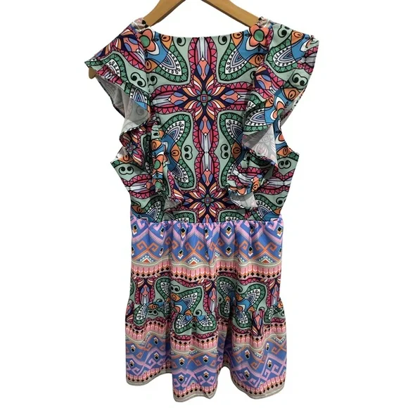 Joy Joy Medallion Print Ruffle Sleeve Dress Pockets NWT Size M Boho - Picture 2 of 9